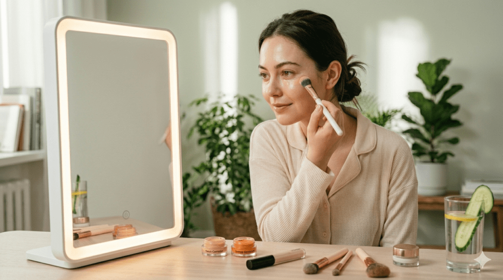 girl applying makeup on her face