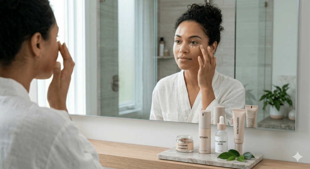Applying eye cream to reduce dark circles fast