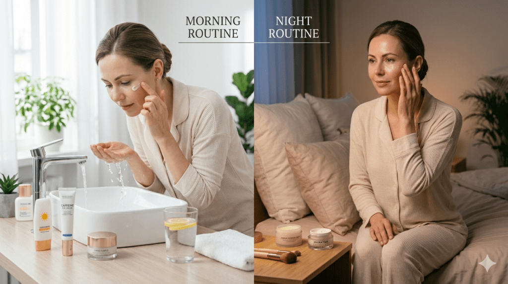 Morning and night routine of a girl for dark circle