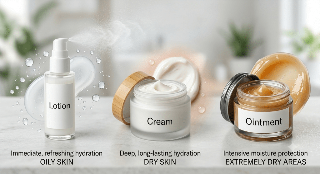 Cream vs lotion vs ointment comparison for choosing the best moisturizer for dry skin based on texture and hydration needs