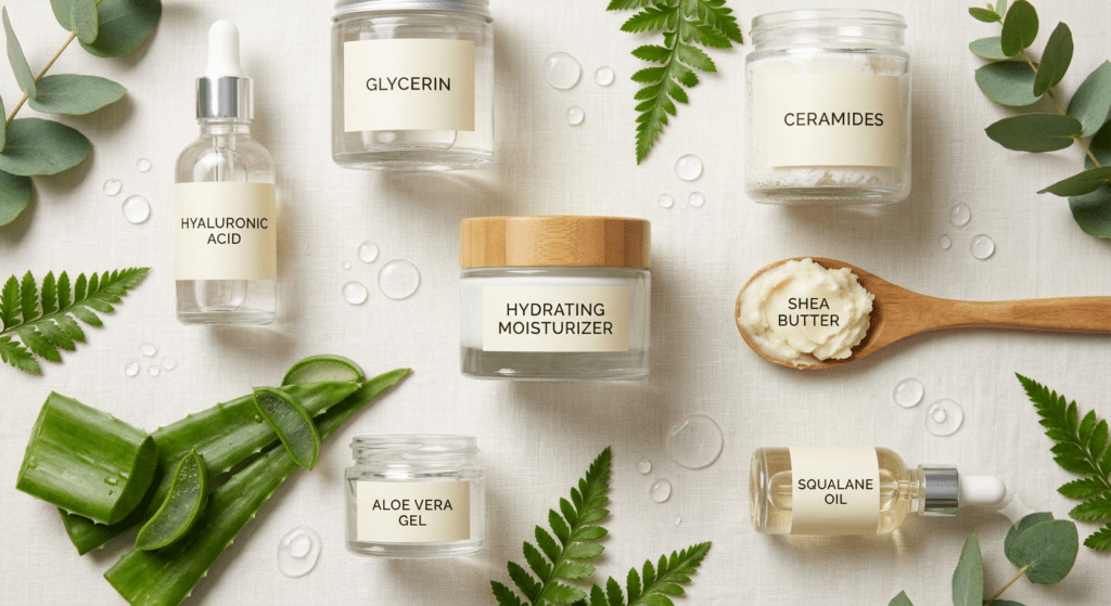 Key ingredients in the best moisturizer for dry skin including hyaluronic acid, glycerin, ceramides, shea butter, aloe vera, and squalane