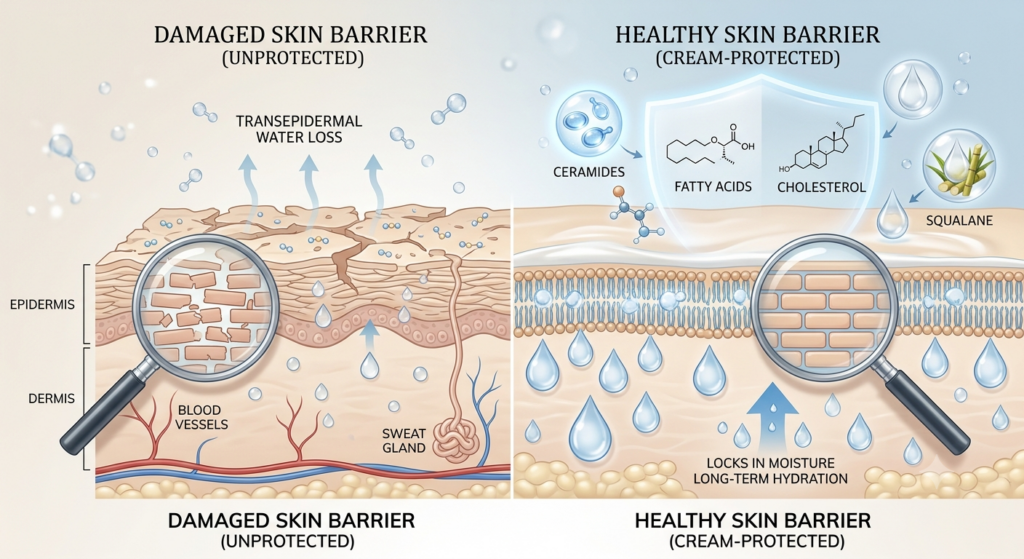 Benefits of the best moisturizer for dry skin with ceramides, fatty acids, cholesterol, and squalane for strengthening the skin barrier