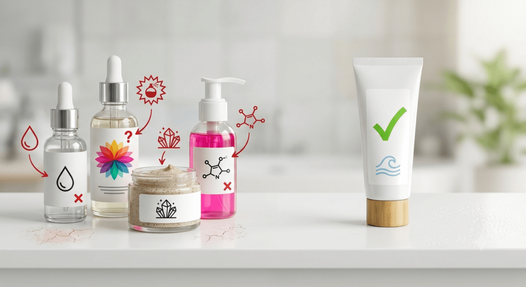 Harmful ingredients to avoid when choosing the best moisturizer for dry skin, including alcohol, fragrances, harsh acids, and artificial colors